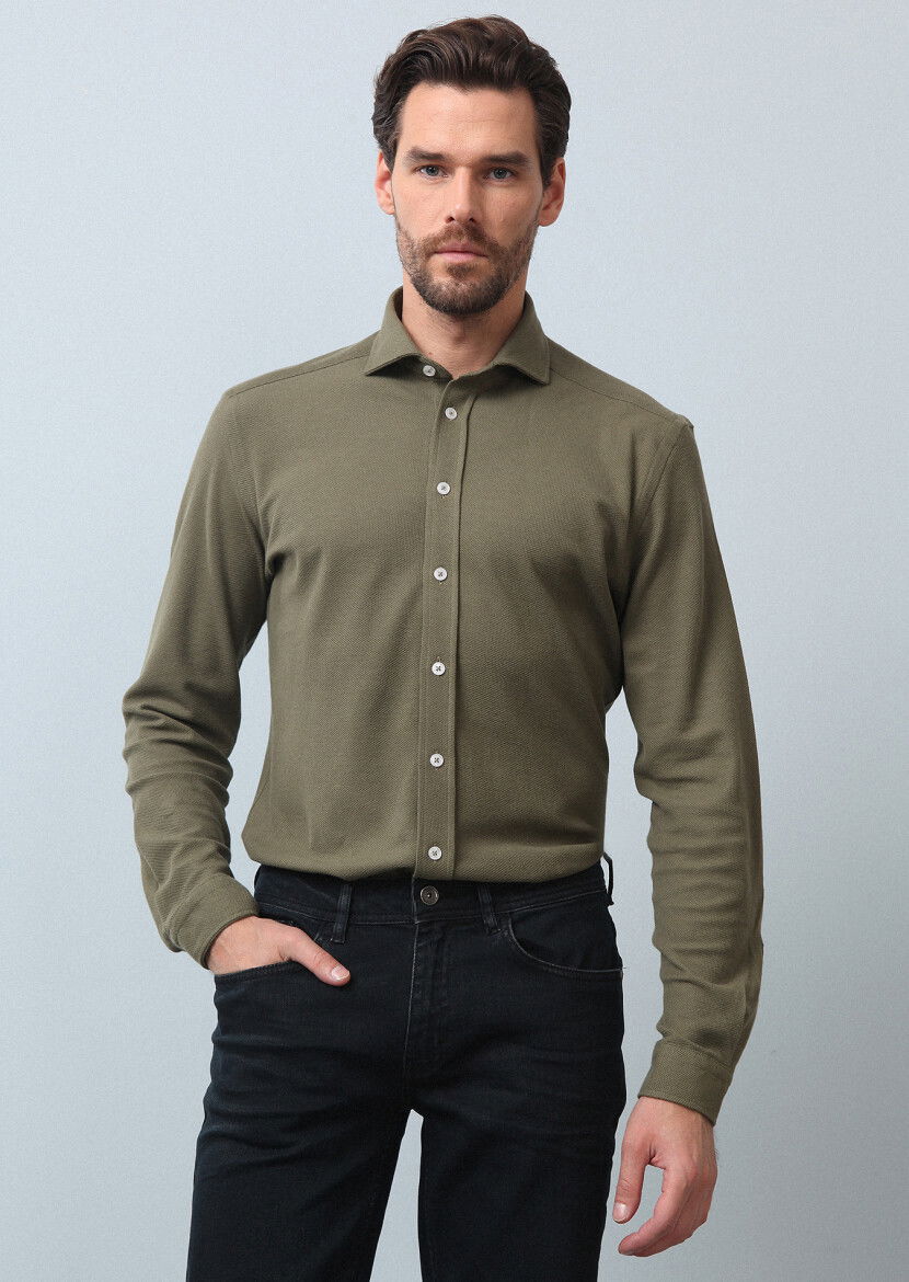Haki Düz Fitted Fit Casual %100 Pamuk Gömlek 