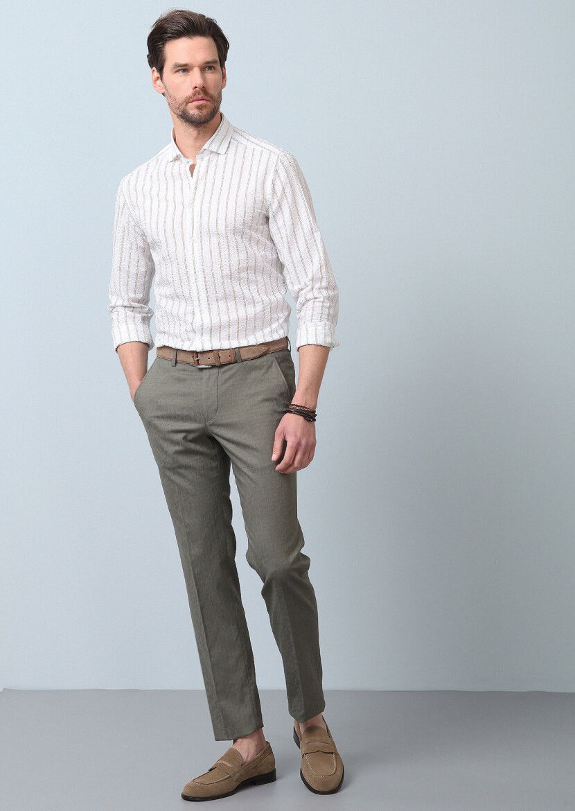 Haki Düz Kumaş Modern Fit Klasik Pamuk Karışımlı Pantolon - 1