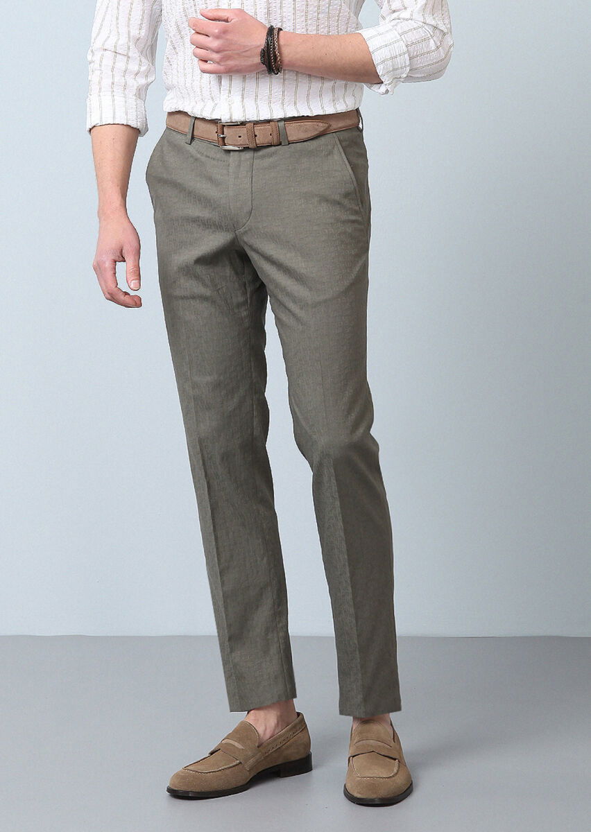 Haki Düz Kumaş Modern Fit Klasik Pamuk Karışımlı Pantolon - 3