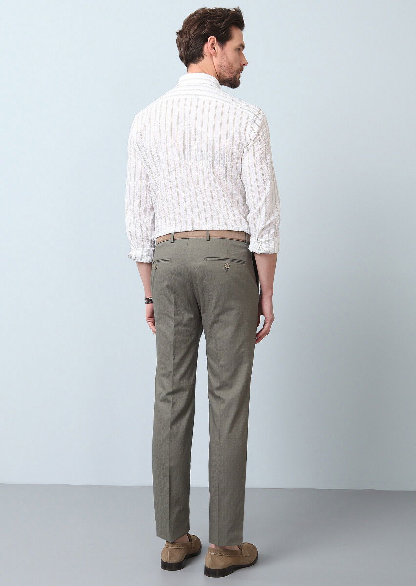 Haki Düz Kumaş Modern Fit Klasik Pamuk Karışımlı Pantolon - 5