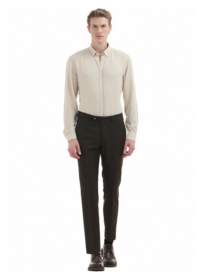 Haki Düz Kumaş Modern Fit Klasik Yün Karışımlı Pantolon - 1