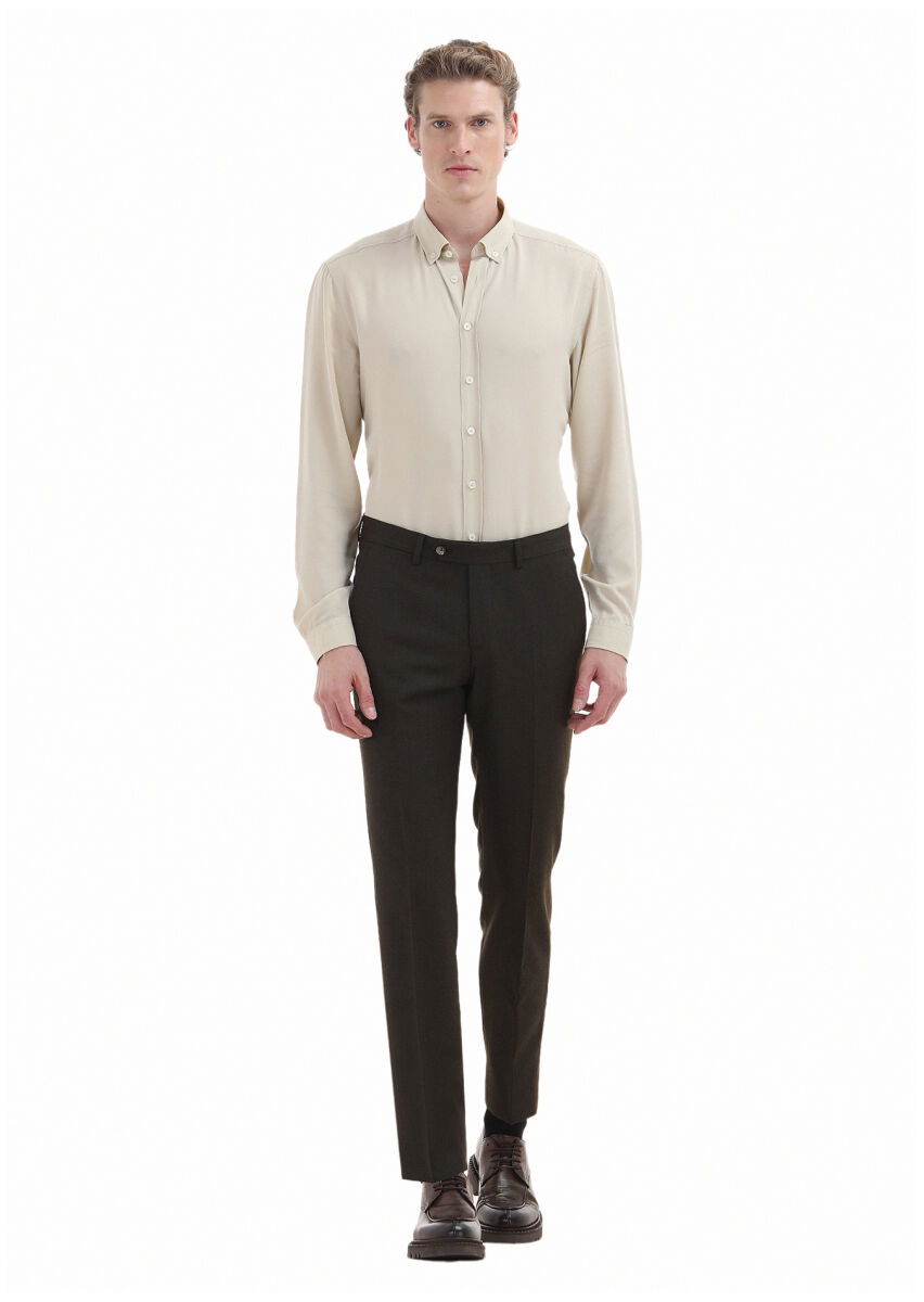 Haki Düz Kumaş Modern Fit Klasik Yün Karışımlı Pantolon - 1