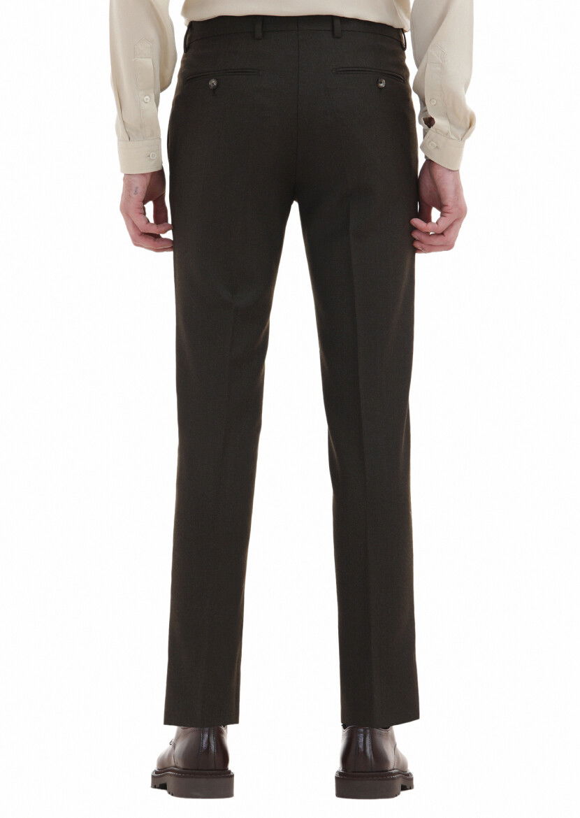 Haki Düz Kumaş Modern Fit Klasik Yün Karışımlı Pantolon - 4