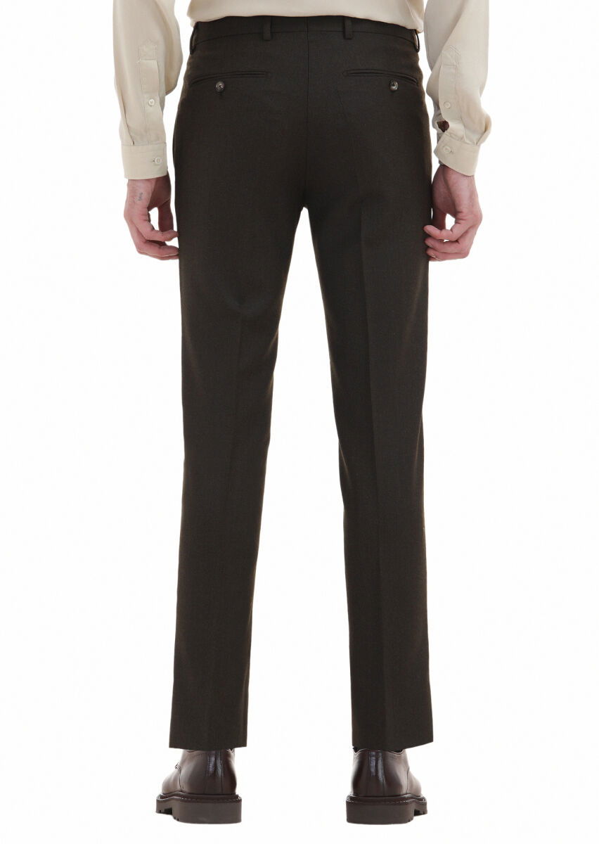 Haki Düz Kumaş Modern Fit Klasik Yün Karışımlı Pantolon - 4