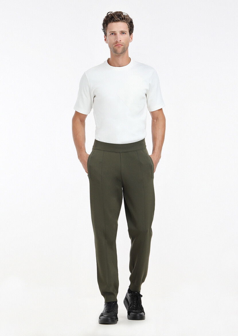 Haki Düz Örme Casual Trıko Pantolon - 1