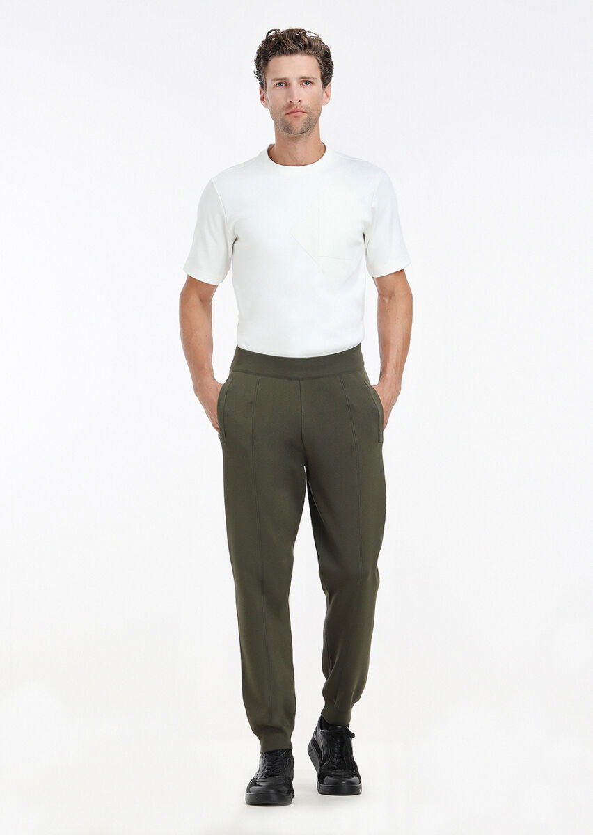 Haki Düz Örme Casual Trıko Pantolon - 1
