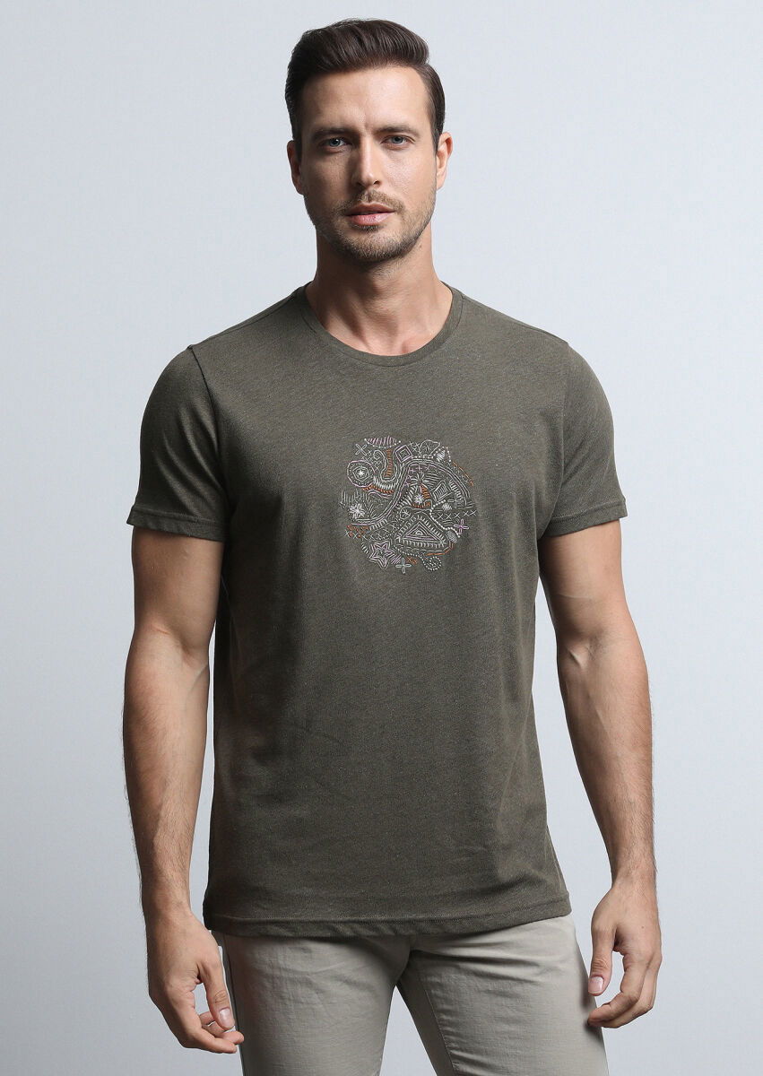 Haki Düz Pamuk Karışımlı T-Shirt - 1