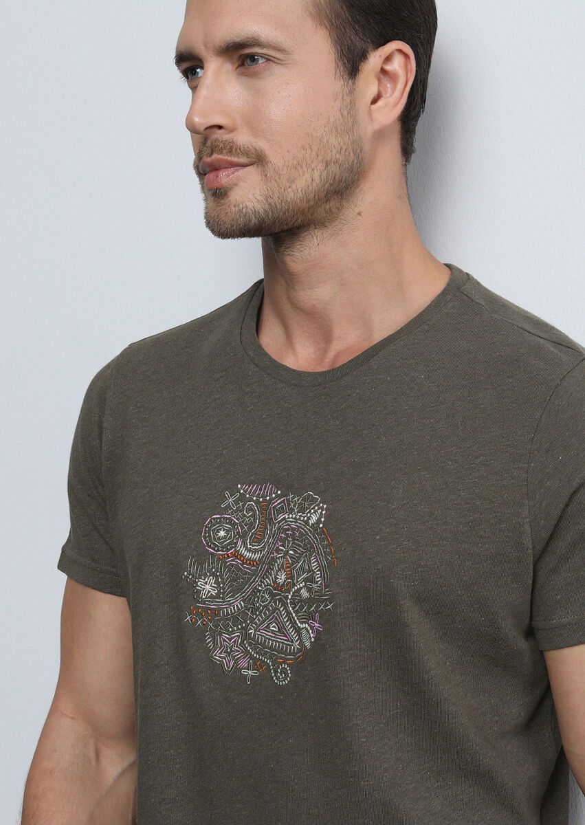 Haki Düz Pamuk Karışımlı T-Shirt - 2