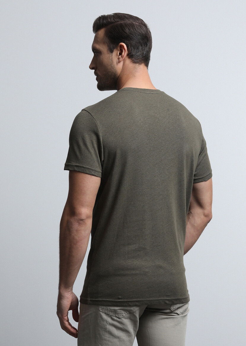 Haki Düz Pamuk Karışımlı T-Shirt - 5