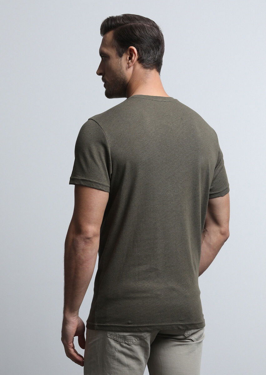 Haki Düz Pamuk Karışımlı T-Shirt - 5