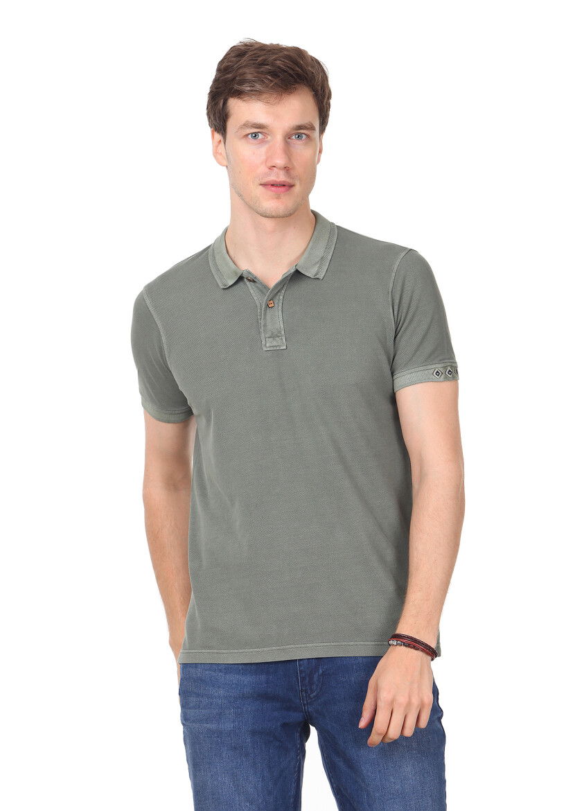 Haki Düz Polo Yaka %100 Pamuk T-Shirt 