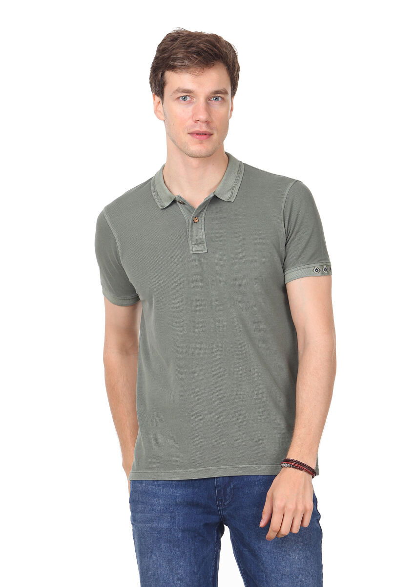Haki Düz Polo Yaka %100 Pamuk T-Shirt - 1