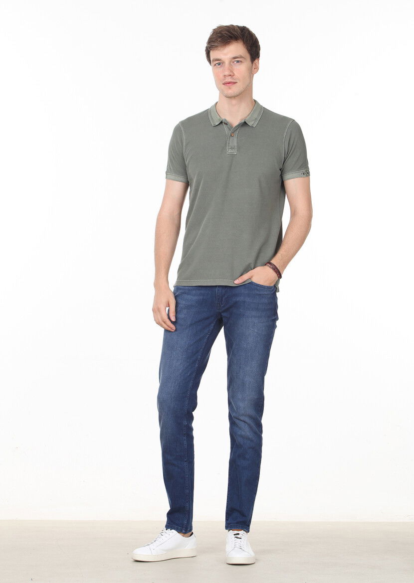 Haki Düz Polo Yaka %100 Pamuk T-Shirt - 3