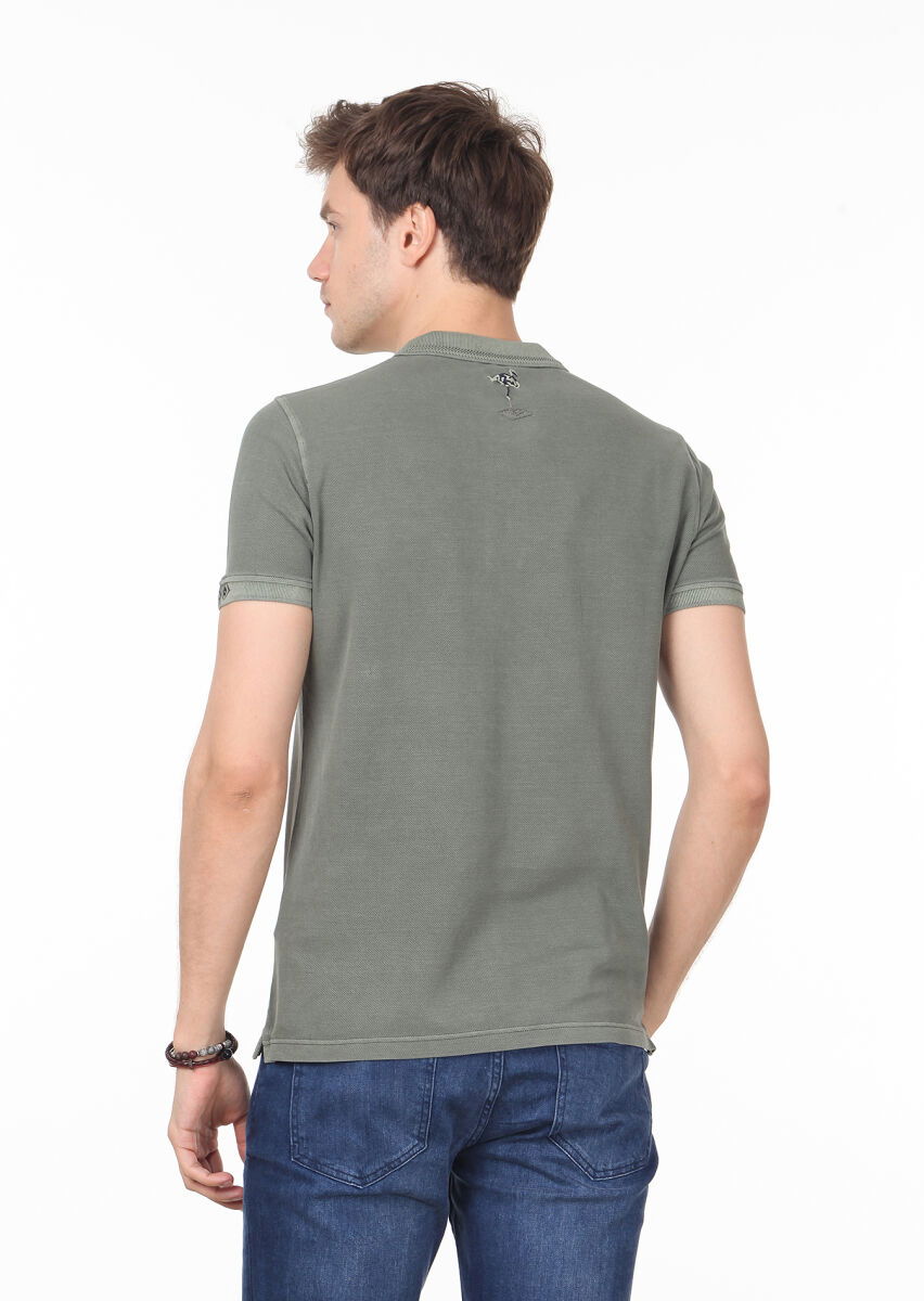 Haki Düz Polo Yaka %100 Pamuk T-Shirt - 4