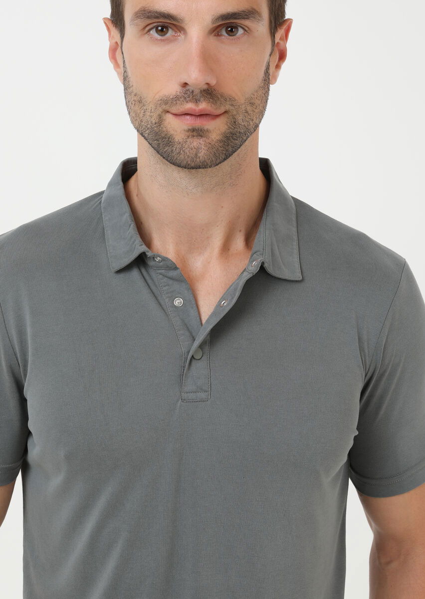Haki Düz Polo Yaka %100 Pamuk T-Shirt - 4