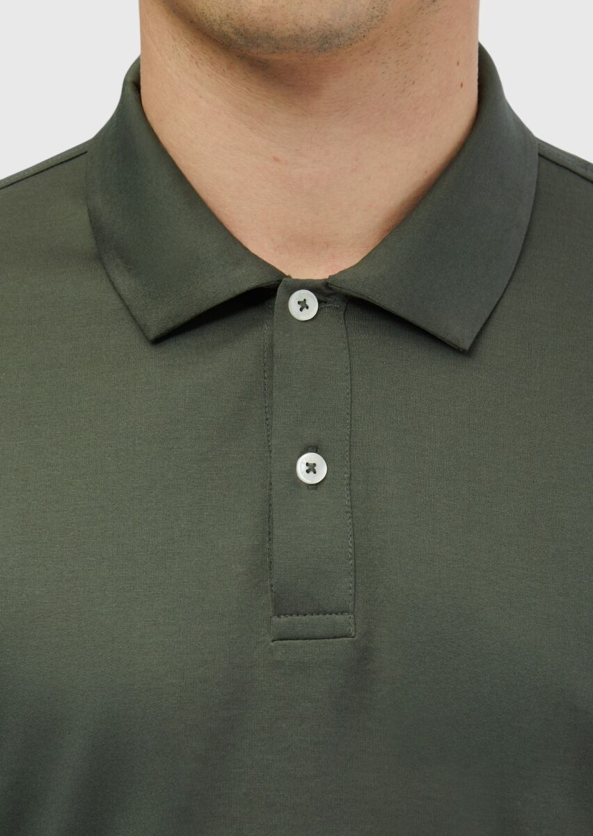 Haki Düz Polo Yaka %100 Pamuk T-Shirt - 4