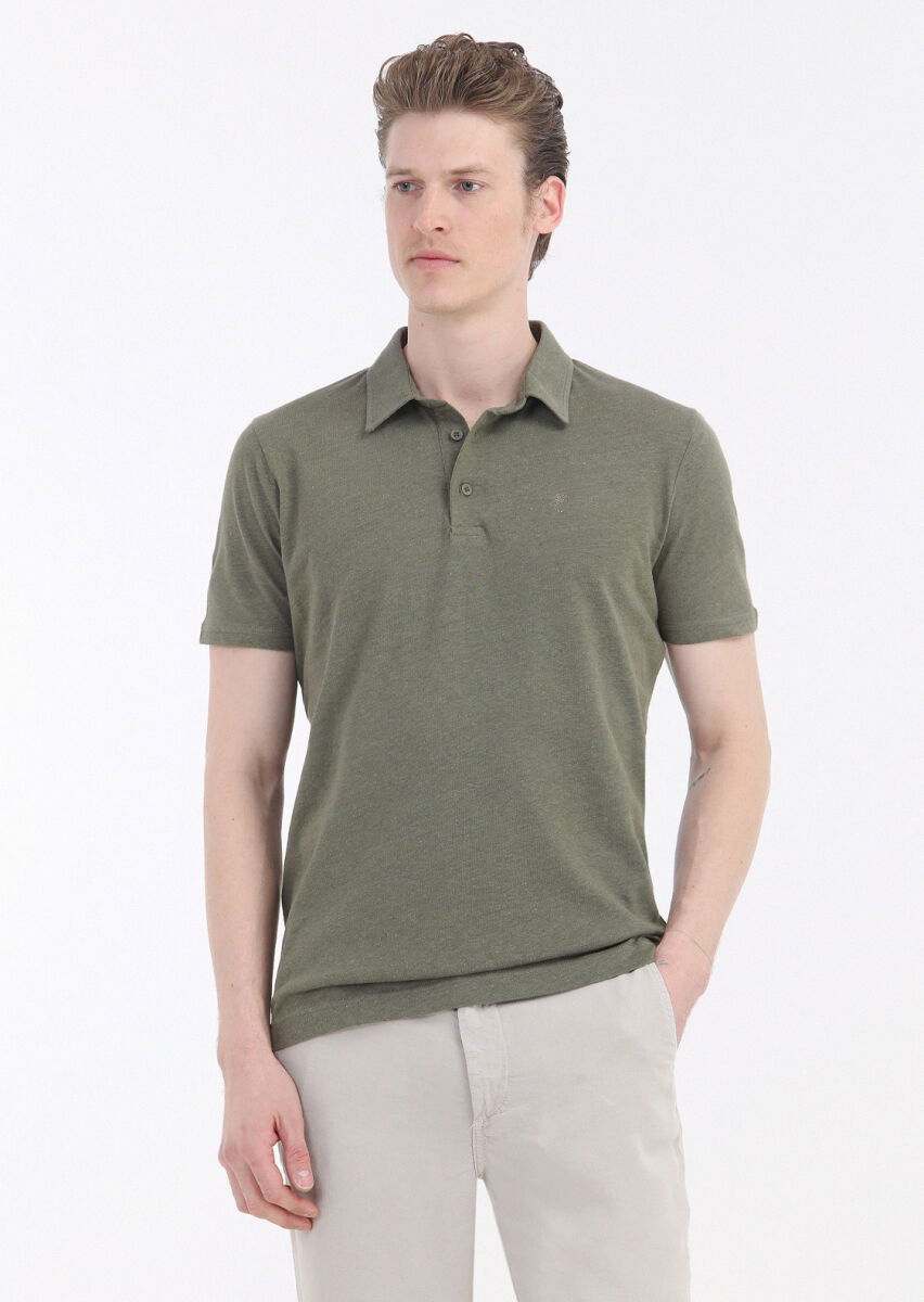 Haki Düz Polo Yaka Pamuk Karışımlı T-Shirt - 2
