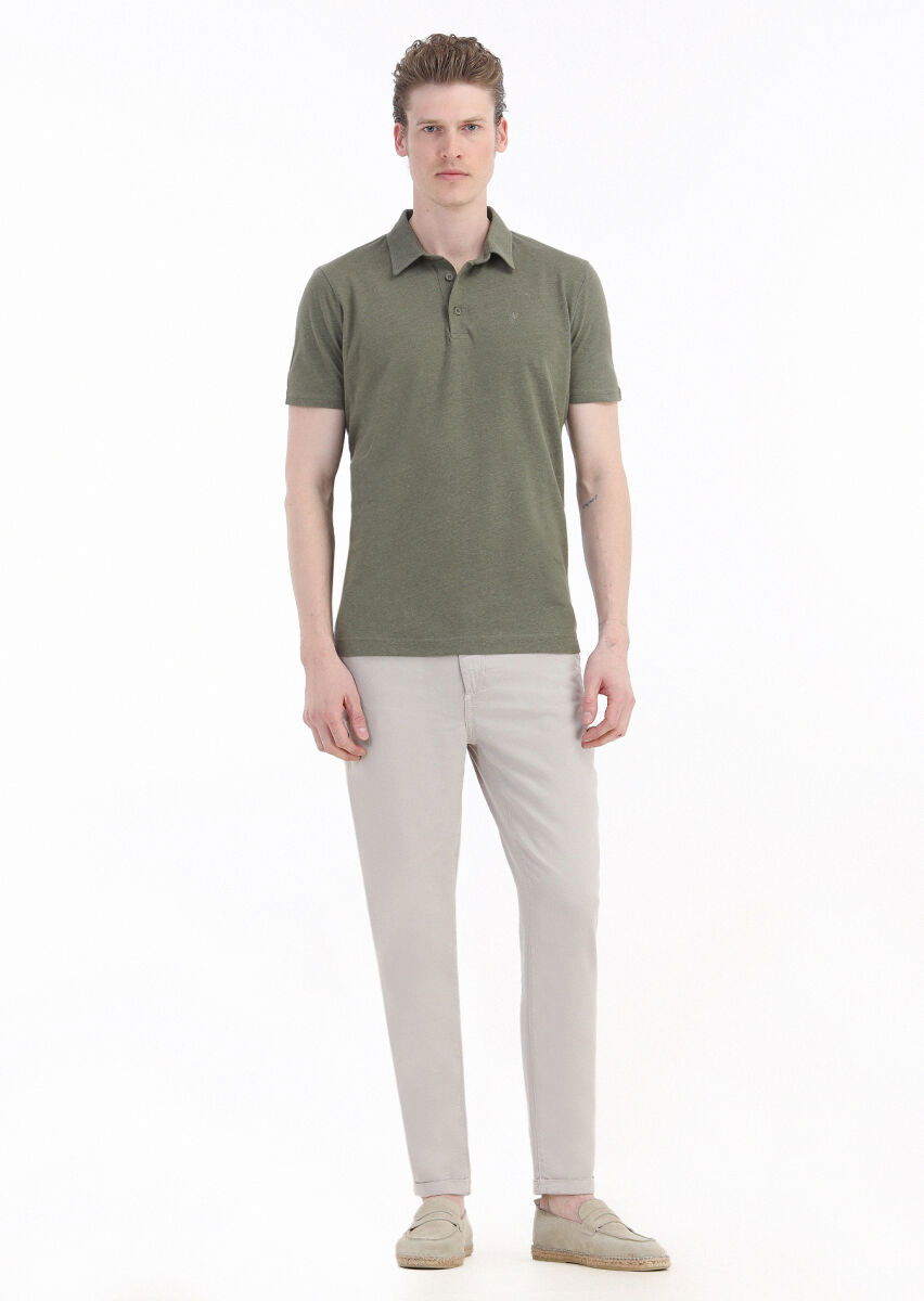 Haki Düz Polo Yaka Pamuk Karışımlı T-Shirt - 3