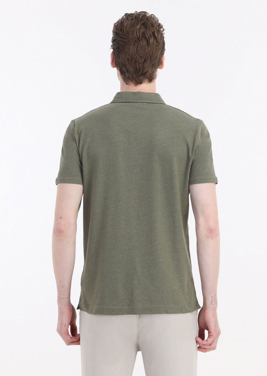 Haki Düz Polo Yaka Pamuk Karışımlı T-Shirt - 5
