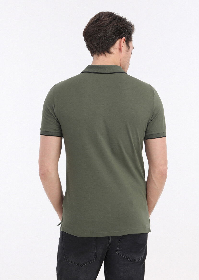 Haki Düz Polo Yaka Pamuk Karışımlı T-Shirt - 4
