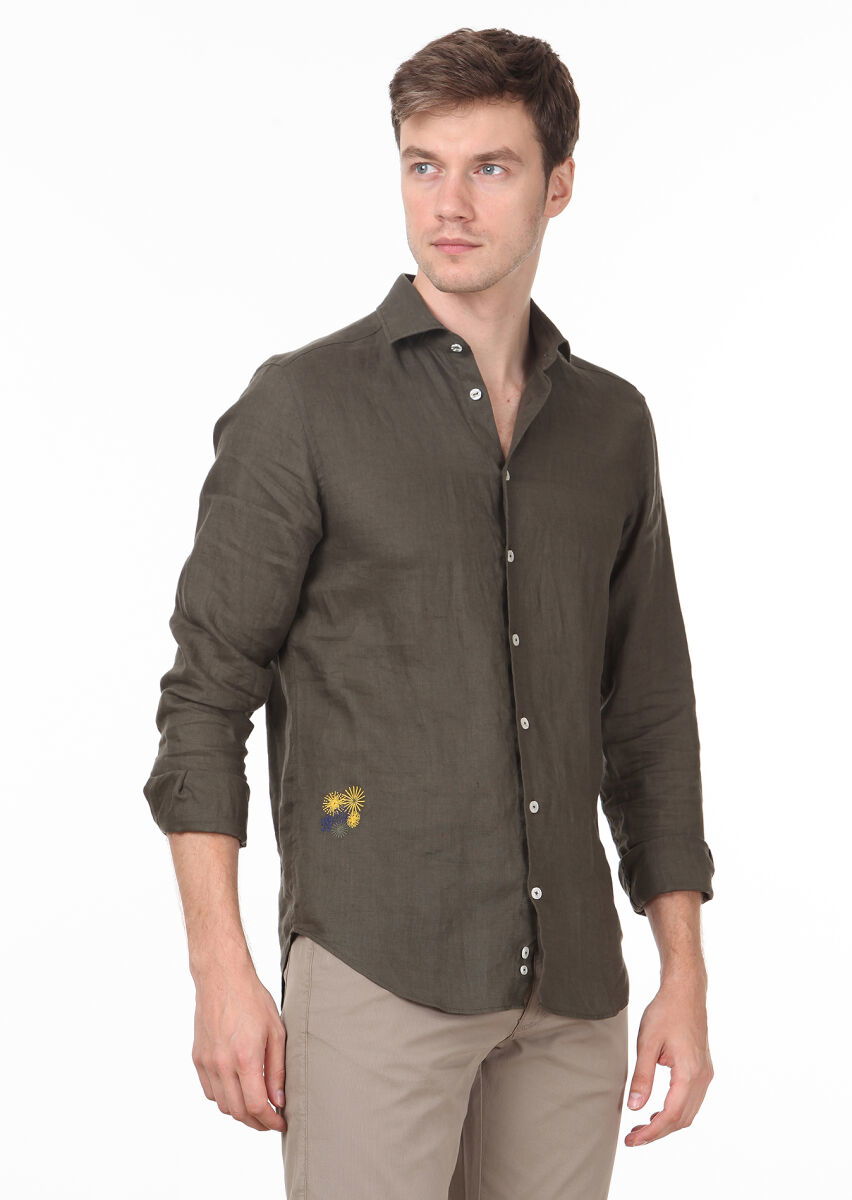 Haki Düz Regular Fit Dokuma Casual %100 Keten Gömlek - 2