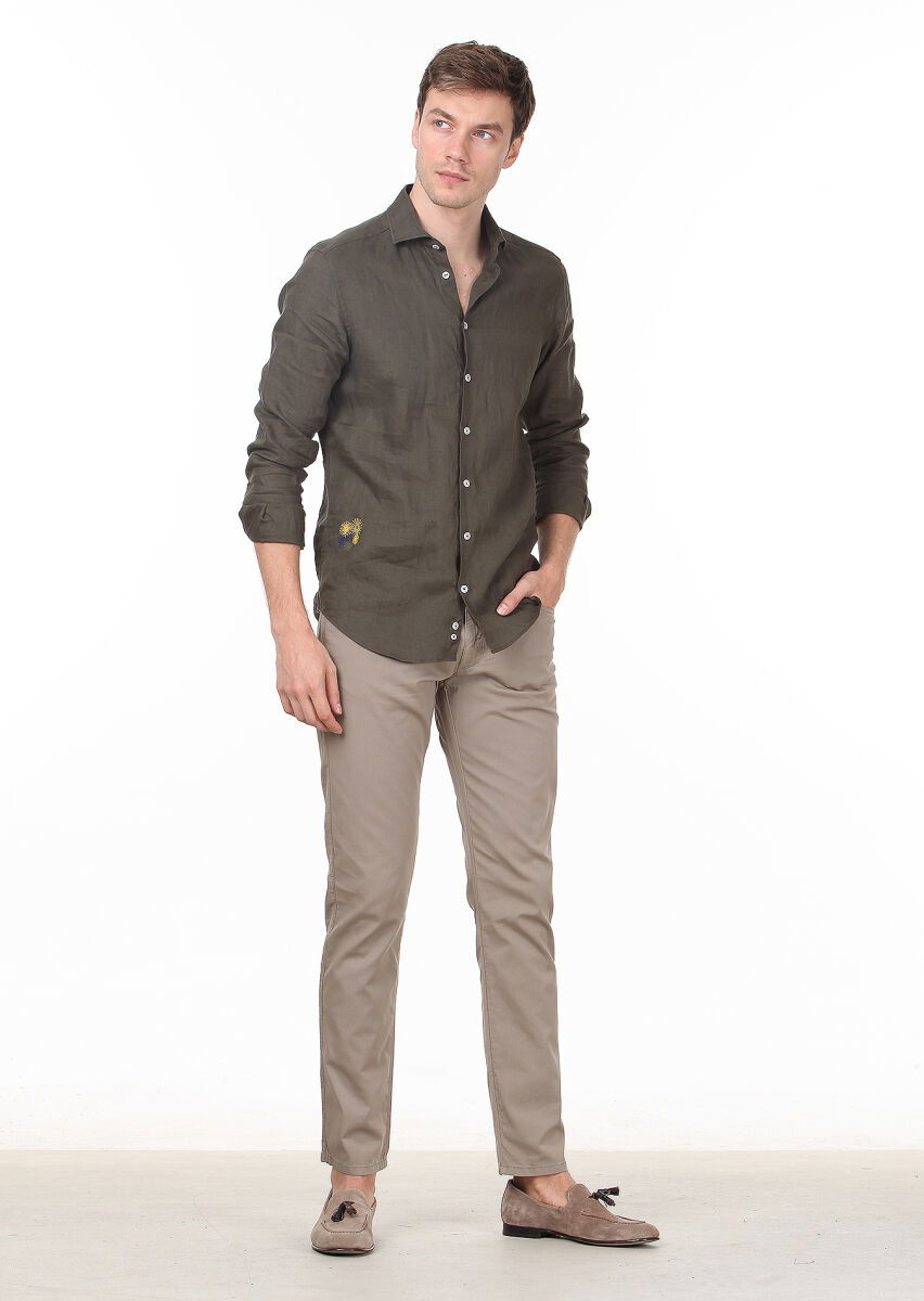 Haki Düz Regular Fit Dokuma Casual %100 Keten Gömlek - 3