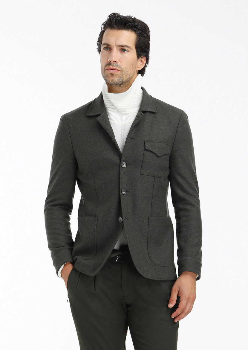 Haki Düz Shirt Shoulder Slim Fit Yün Karışımlı Örme Ceket - 3