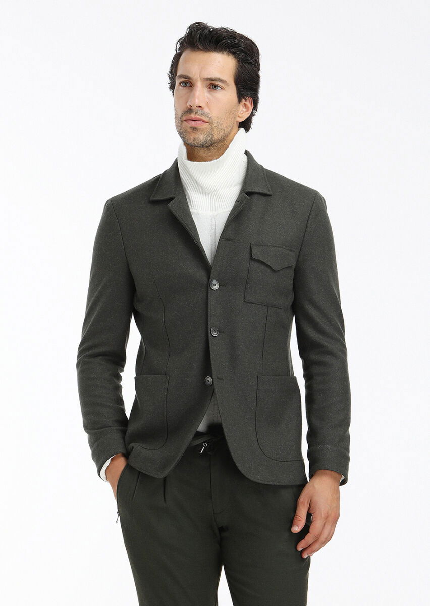Haki Düz Shirt Shoulder Slim Fit Yün Karışımlı Örme Ceket - 3