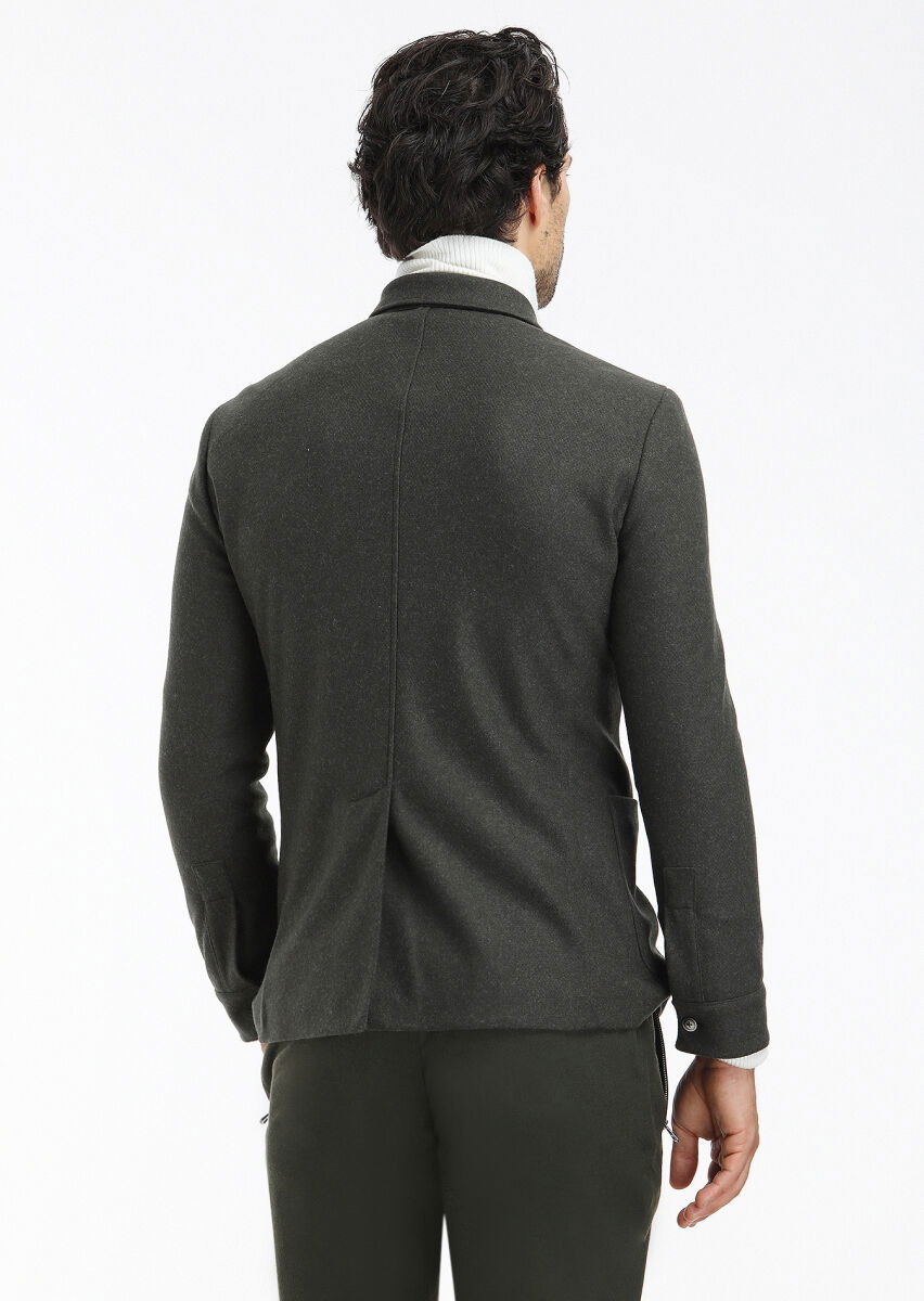 Haki Düz Shirt Shoulder Slim Fit Yün Karışımlı Örme Ceket - 5