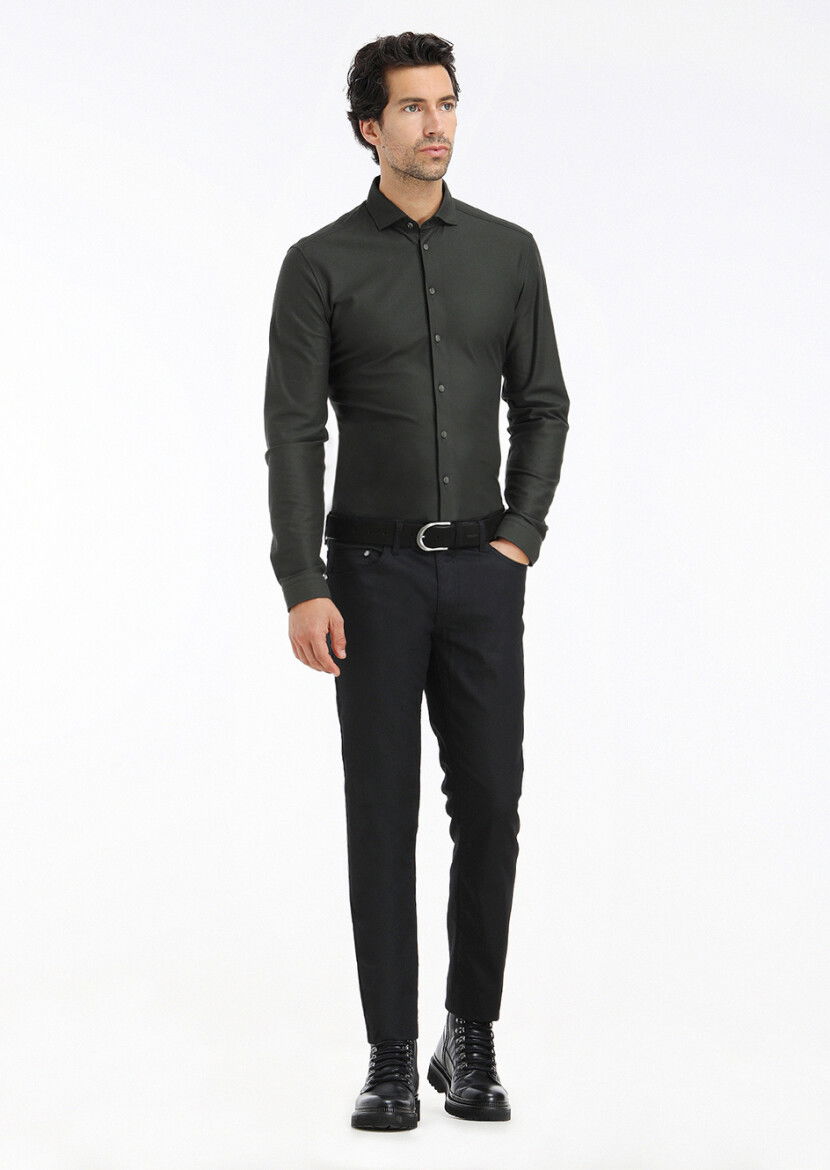 Haki Düz Slim Fit Casual %100 Pamuk Gömlek 