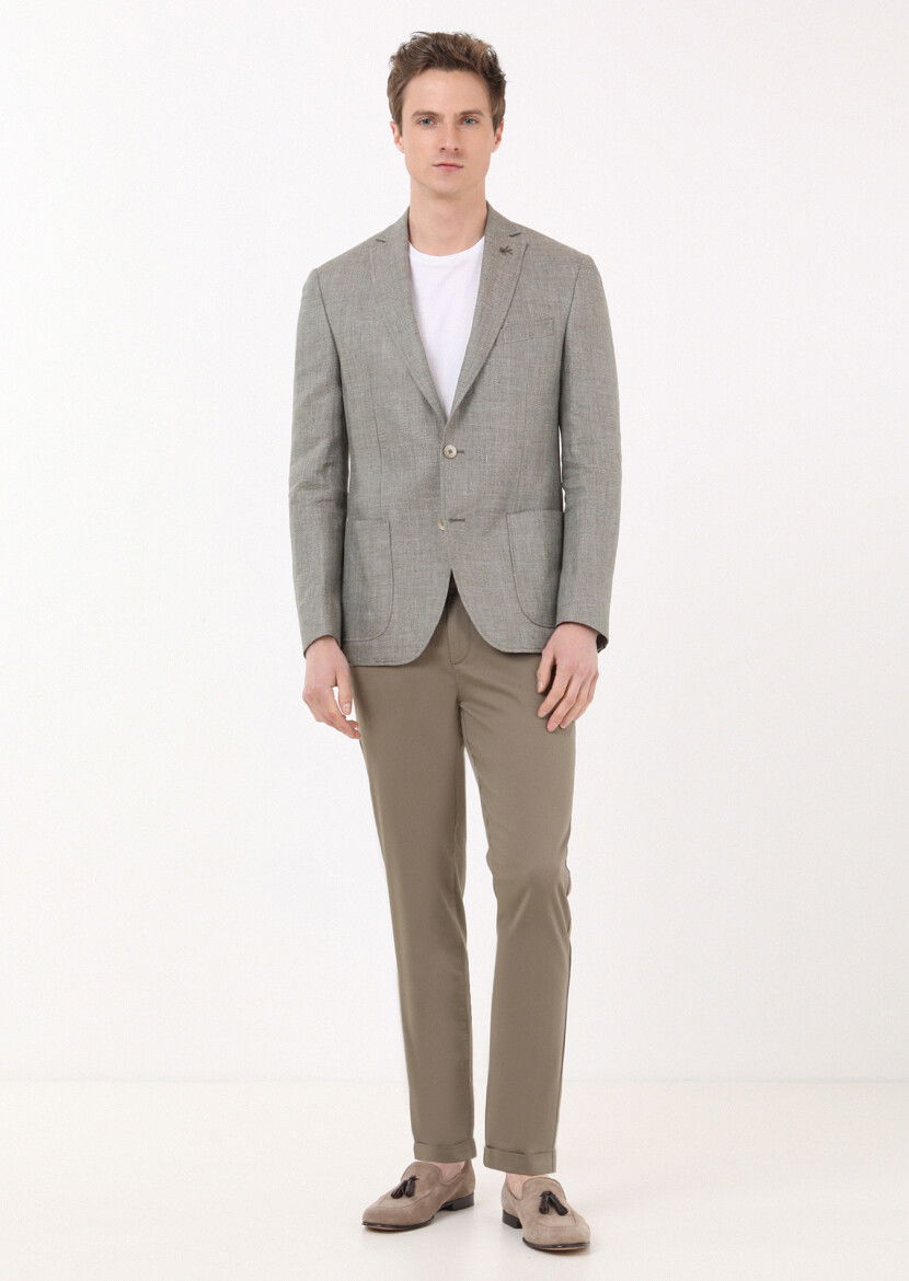 Haki Düz Zeroweight Slim Fit %100 Keten Ceket - 3