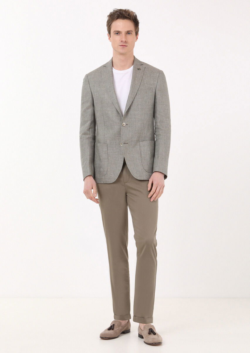 Haki Düz Zeroweight Slim Fit %100 Keten Ceket - 3