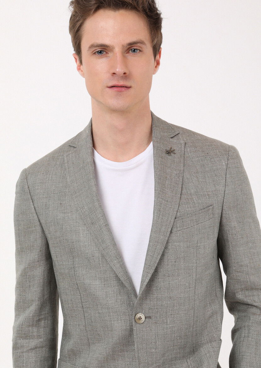 Haki Düz Zeroweight Slim Fit %100 Keten Ceket - 4