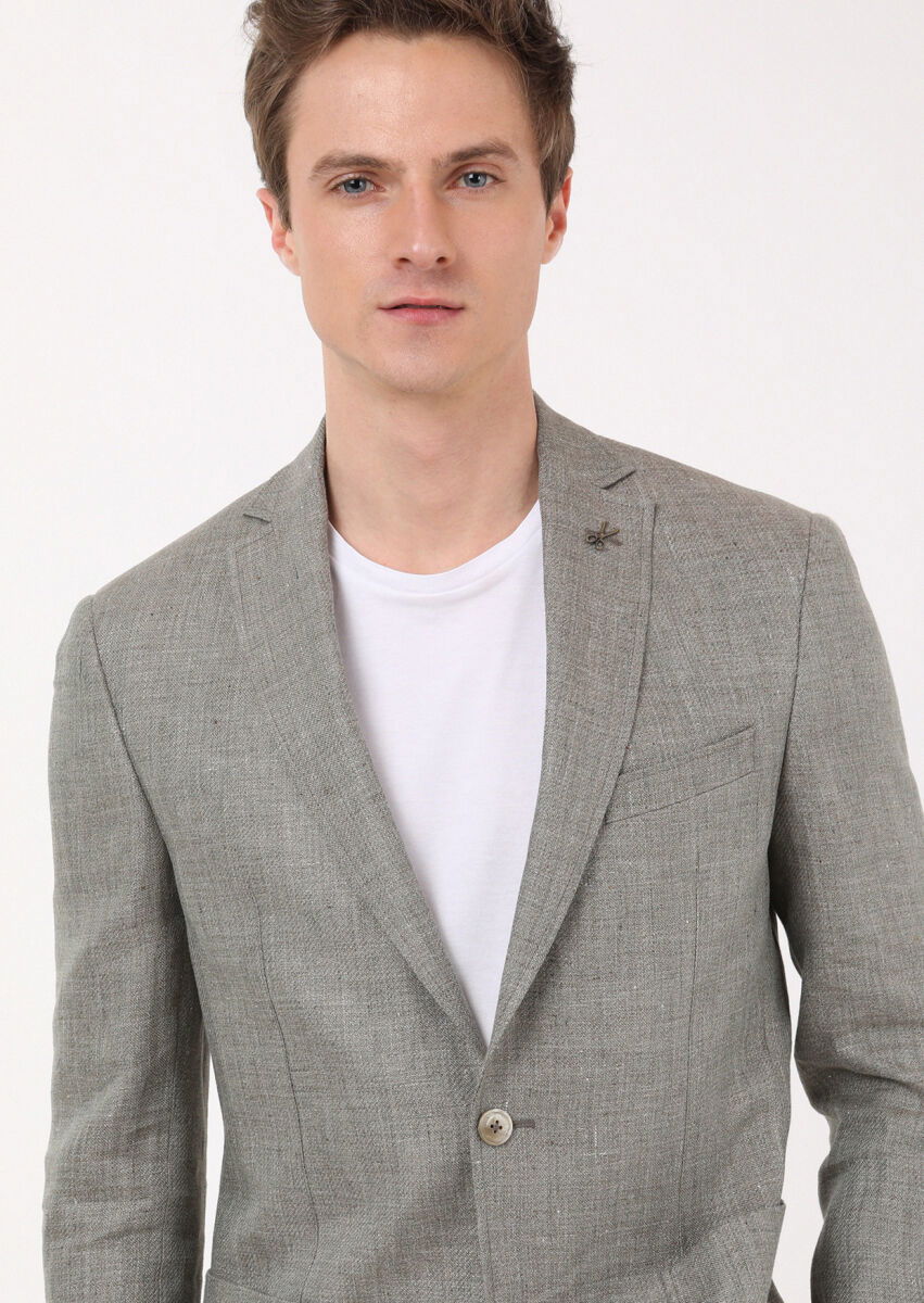Haki Düz Zeroweight Slim Fit %100 Keten Ceket - 4