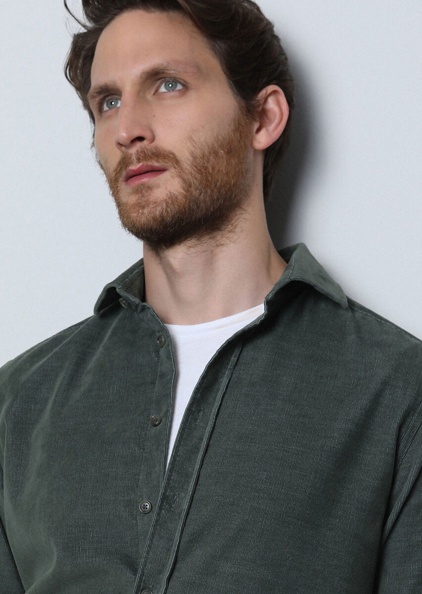Haki Fitilli Regular Fit Dokuma Kadife Casual Pamuk Karışımlı Gömlek - 3