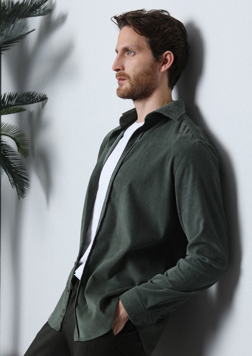 Haki Fitilli Regular Fit Dokuma Kadife Casual Pamuk Karışımlı Gömlek - 4