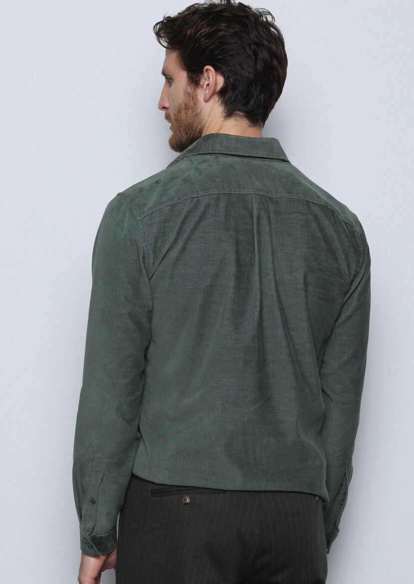 Haki Fitilli Regular Fit Dokuma Kadife Casual Pamuk Karışımlı Gömlek - 5