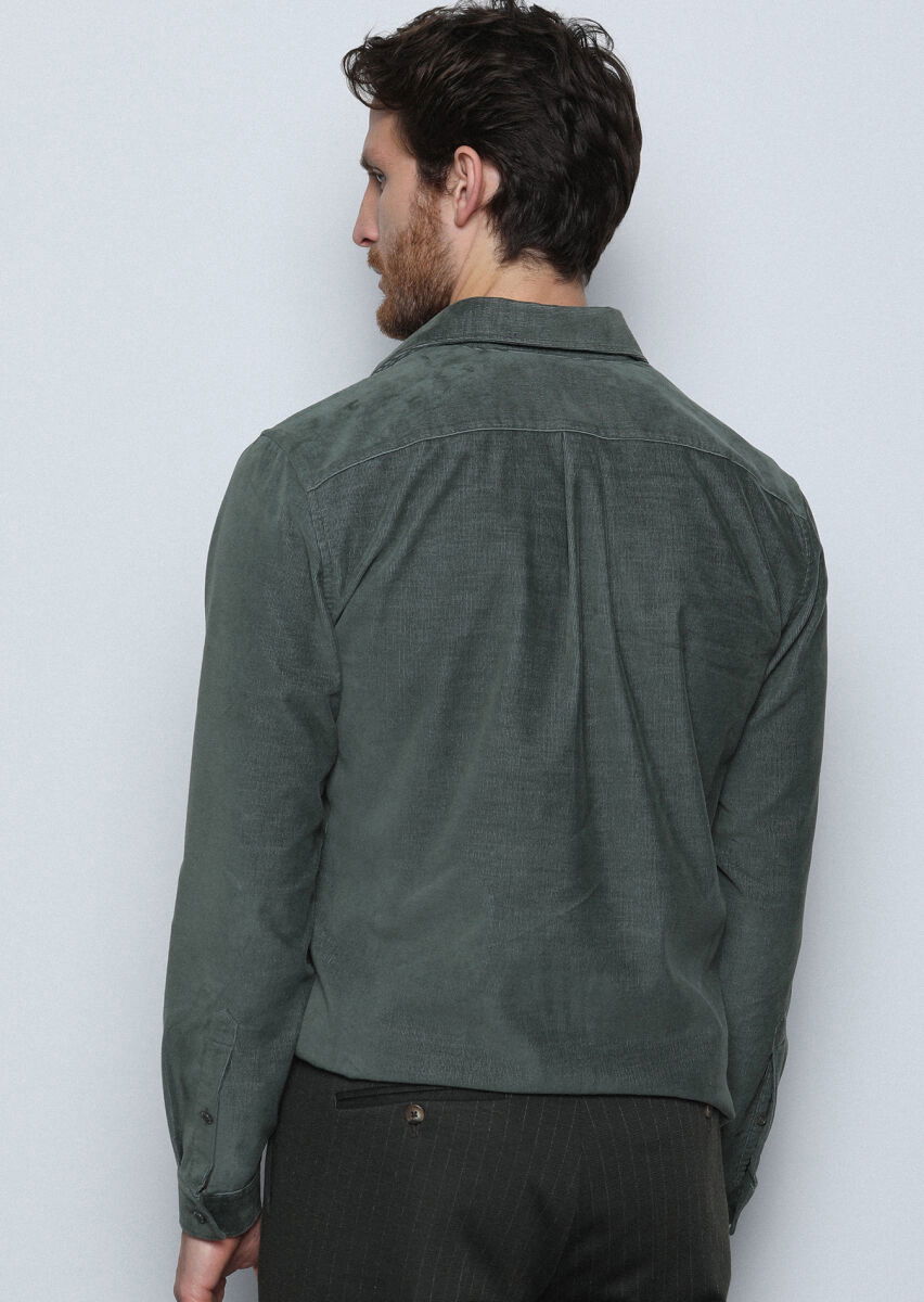 Haki Fitilli Regular Fit Dokuma Kadife Casual Pamuk Karışımlı Gömlek - 5