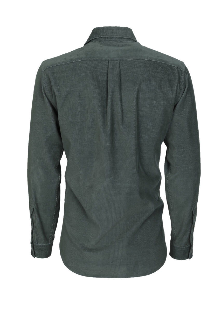 Haki Fitilli Regular Fit Dokuma Kadife Casual Pamuk Karışımlı Gömlek - 7