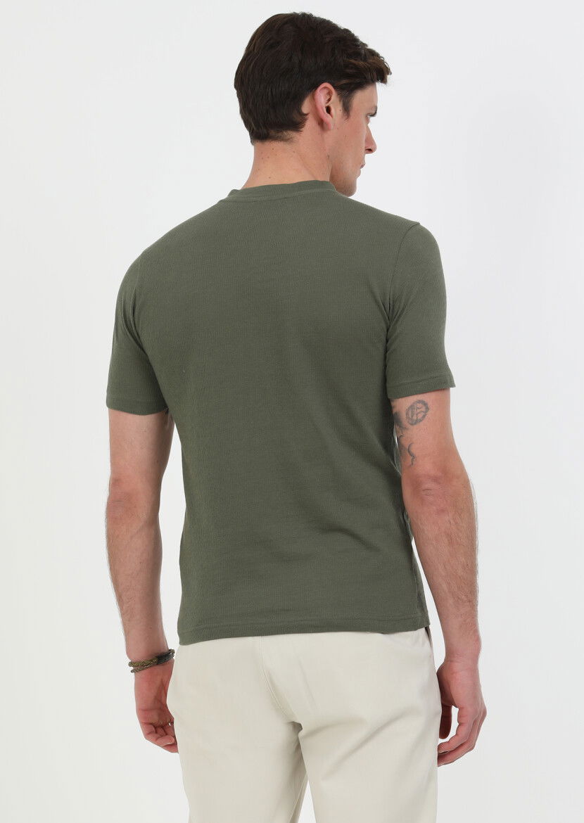 Haki Jakarlı Bisiklet Yaka %100 Pamuk T-Shirt - 5