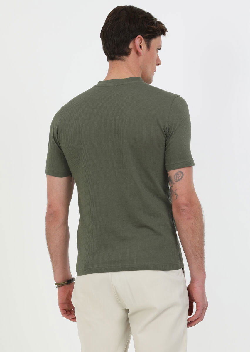 Haki Jakarlı Bisiklet Yaka %100 Pamuk T-Shirt - 5