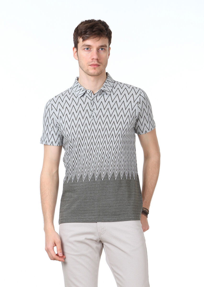 Haki Jakarlı Polo Yaka %100 Pamuk T-Shirt - 1