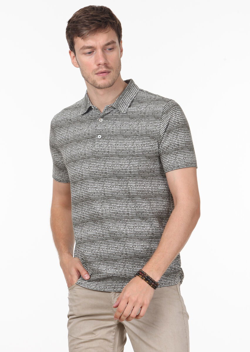 Haki Jakarlı Polo Yaka %100 Pamuk T-Shirt - 1