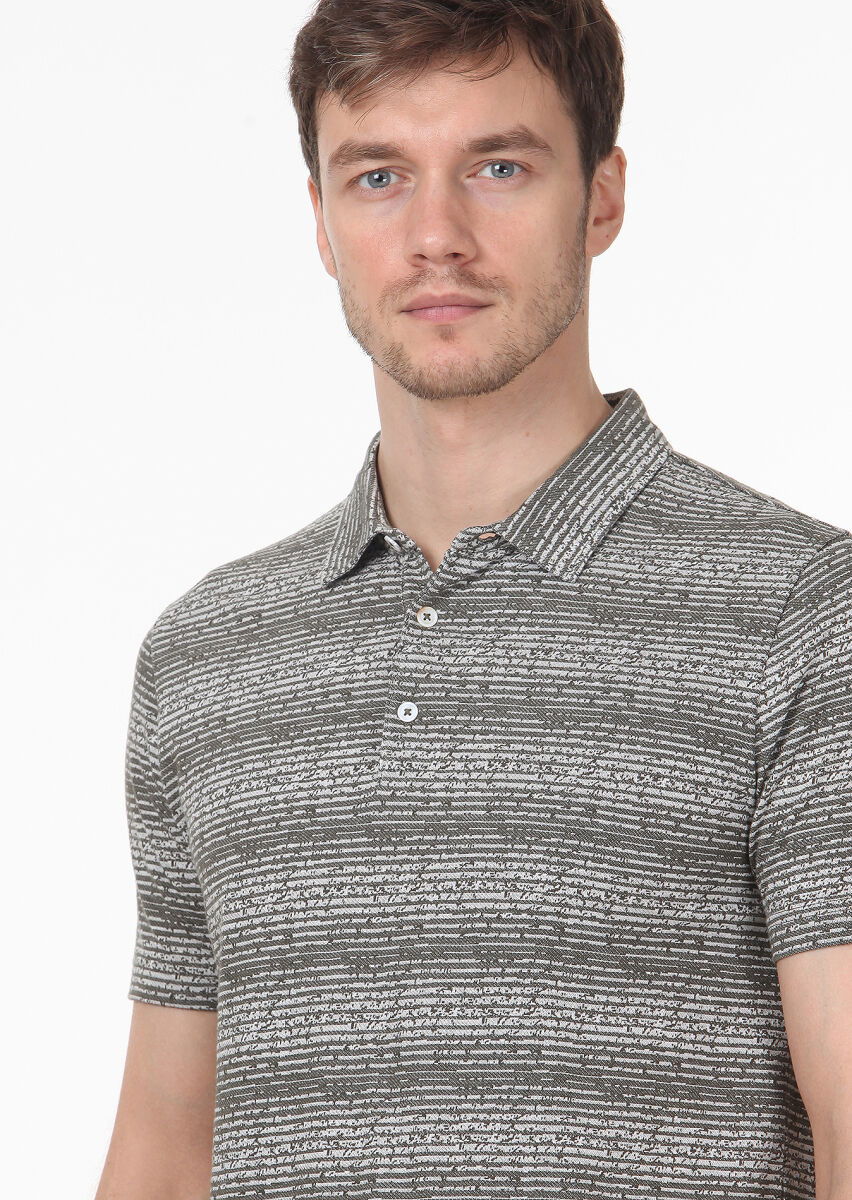 Haki Jakarlı Polo Yaka %100 Pamuk T-Shirt - 2