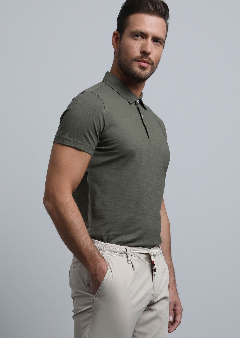 Haki Jakarlı Polo Yaka %100 Pamuk T-Shirt - 4