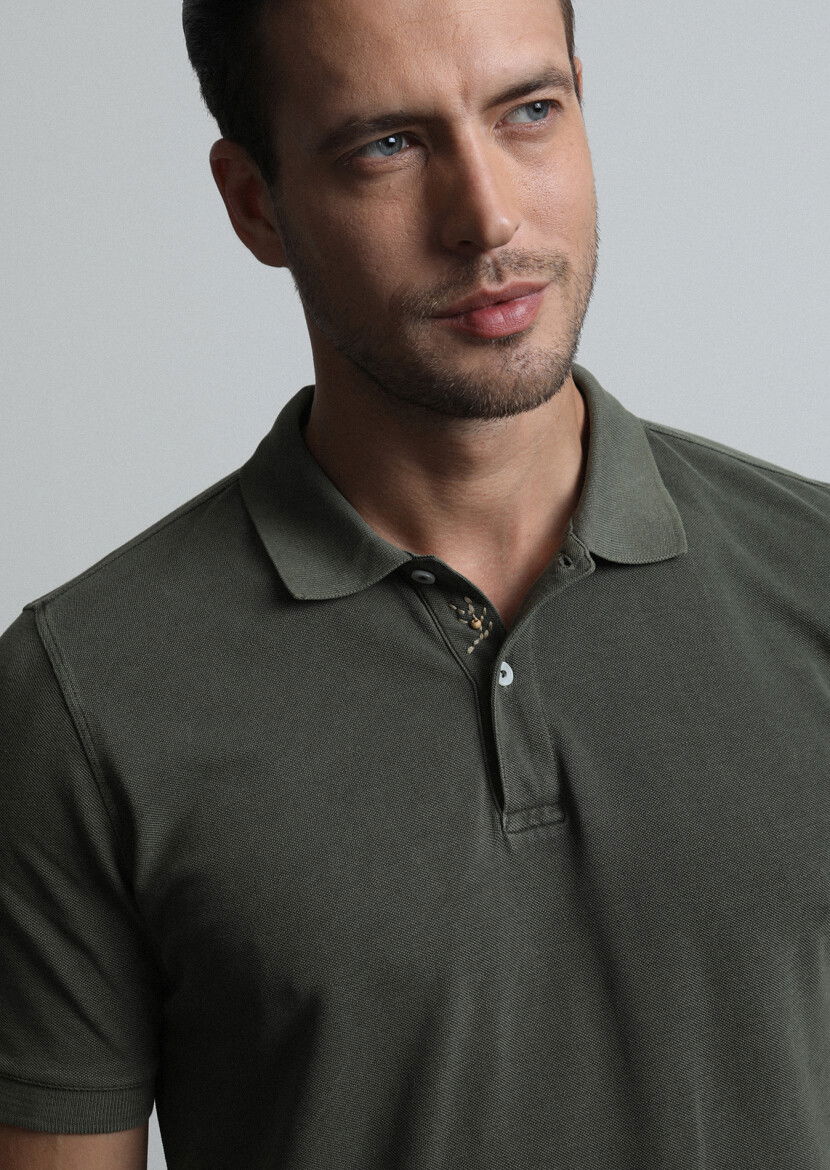 Haki Jakarlı Polo Yaka %100 Pamuk T-Shirt 