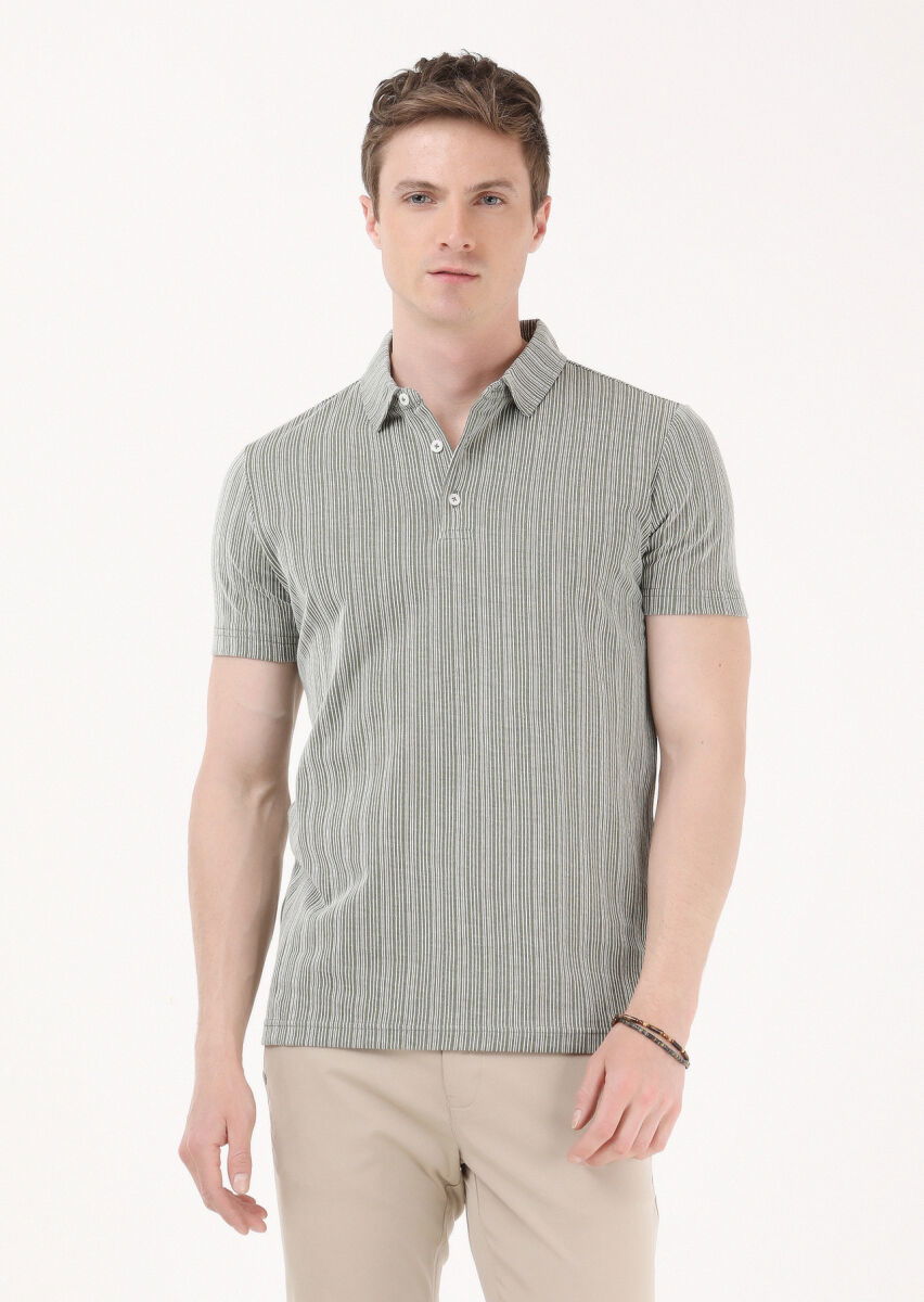 Haki Jakarlı Polo Yaka %100 Pamuk T-Shirt - 1