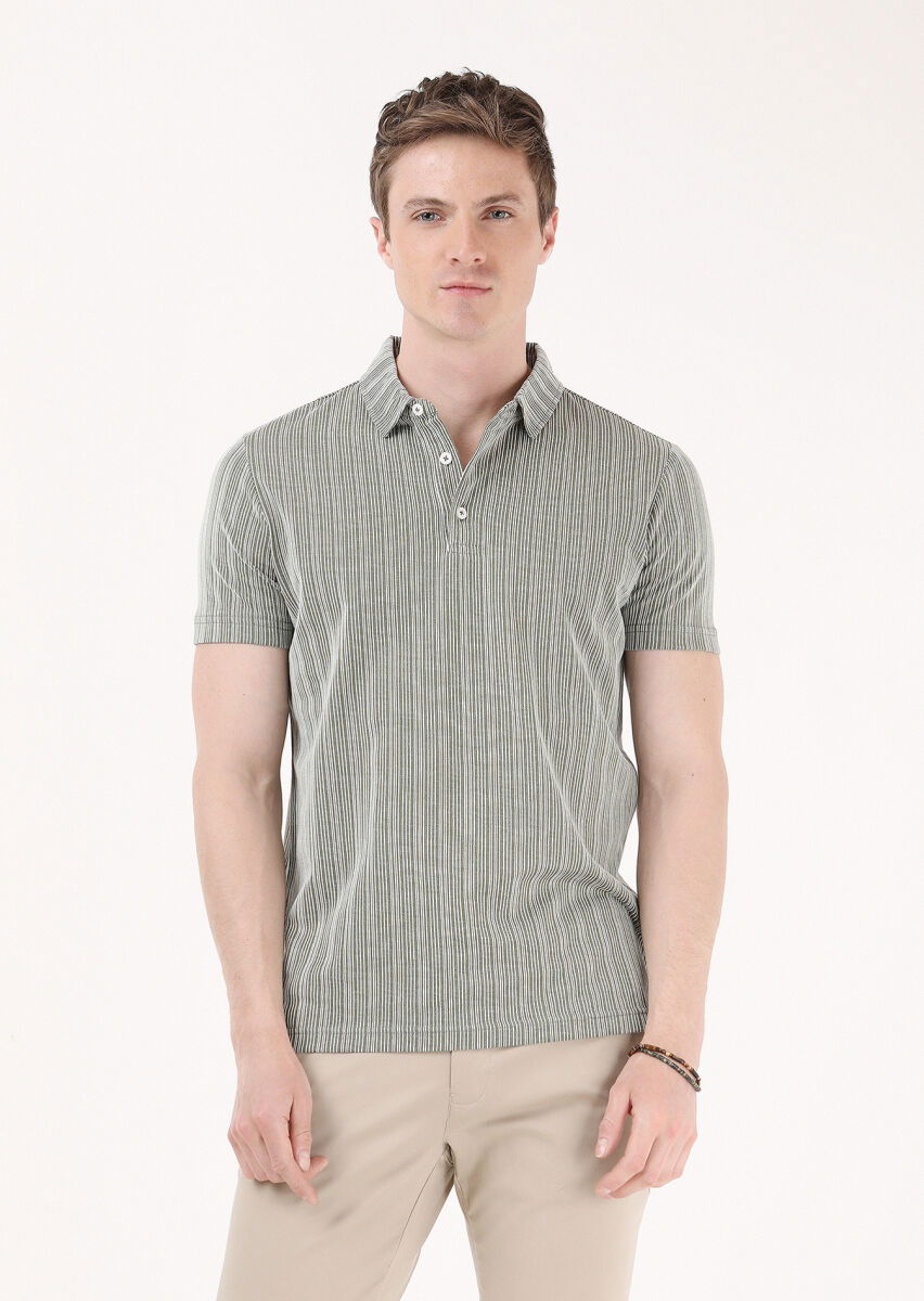 Haki Jakarlı Polo Yaka %100 Pamuk T-Shirt - 3