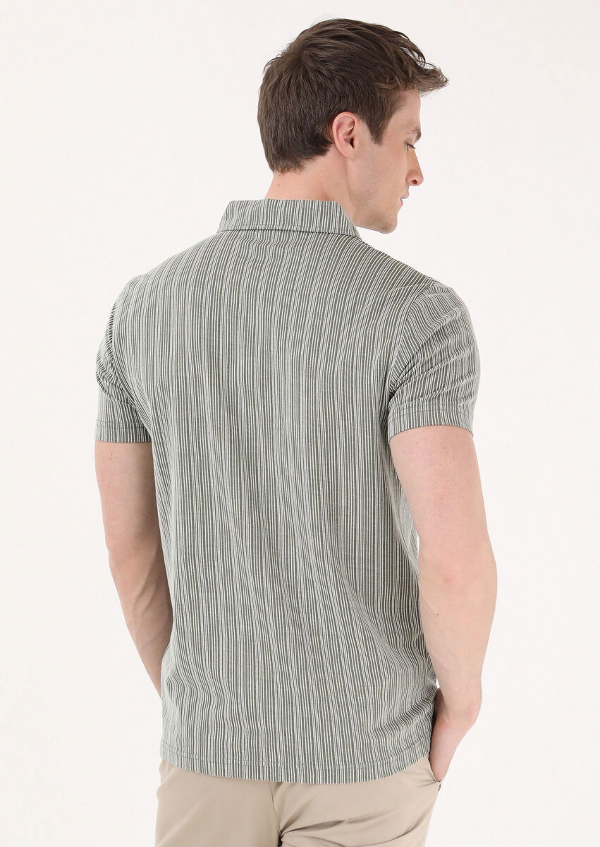 Haki Jakarlı Polo Yaka %100 Pamuk T-Shirt - 5