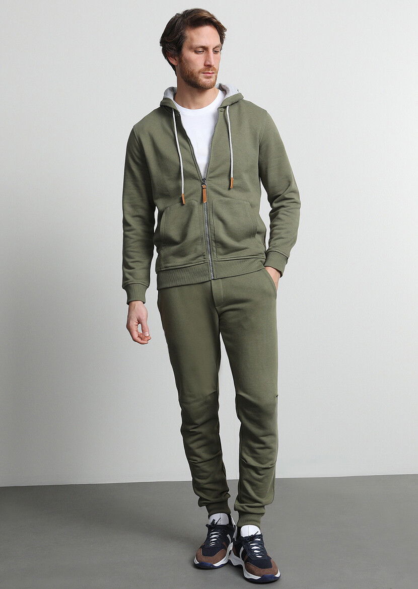 Haki Kapüşonlu Düz Sweatshırt - 3